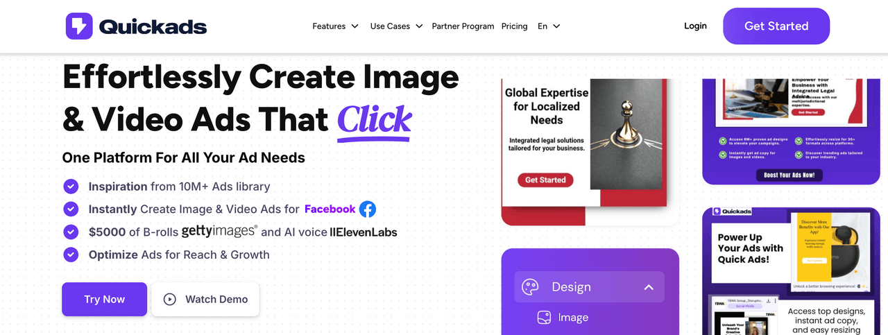 QuickAds platform interface displaying ad template library and creation tools