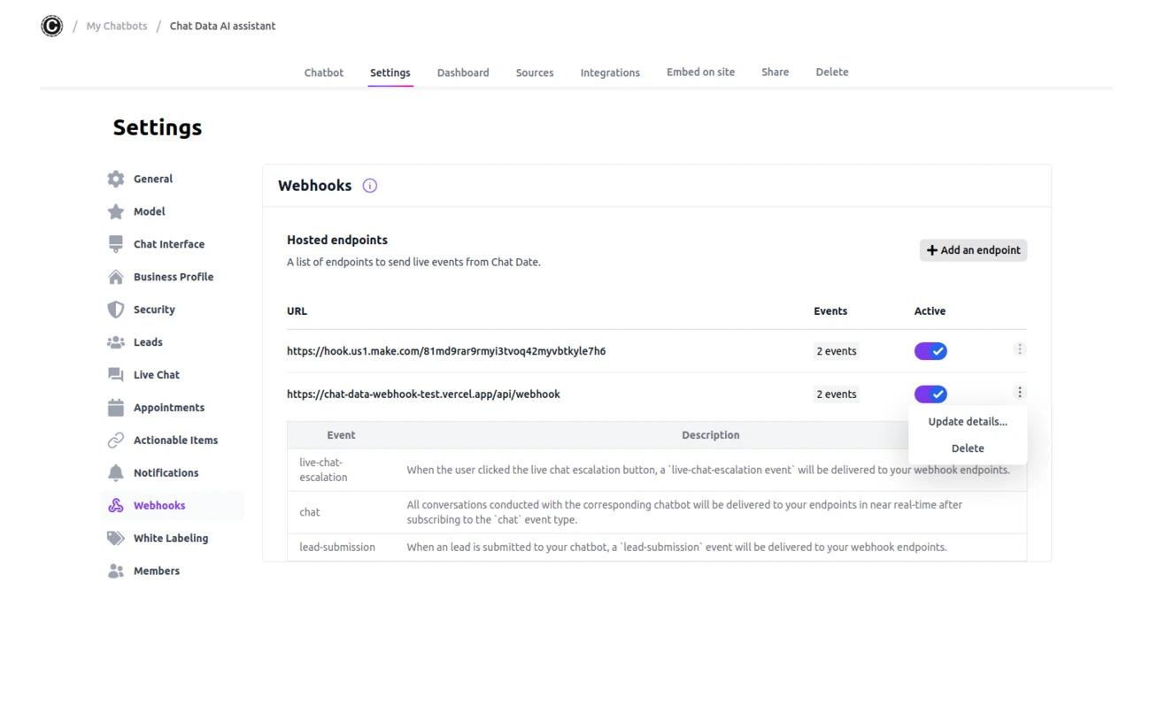 Webhook events Settings