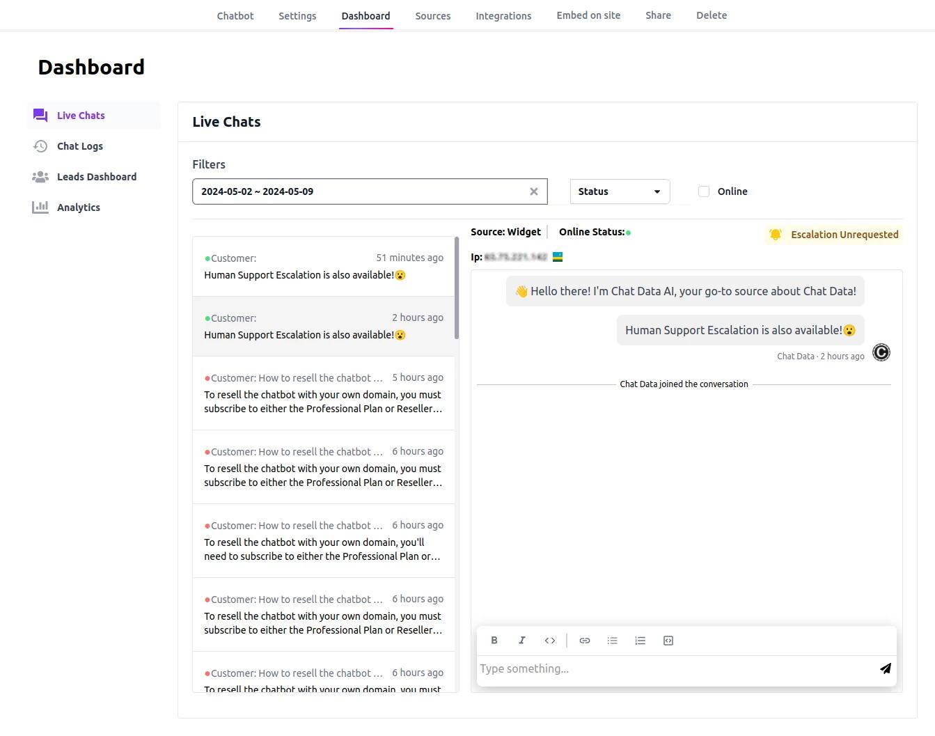 Live Chat Dashboard