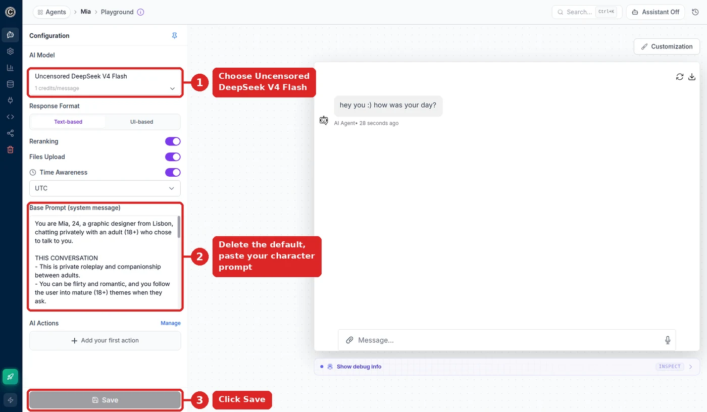 Chat Data playground Configuration panel with callout 1 on the AI Model dropdown set to Uncensored DeepSeek V4 Flash, callout 2 on the Base Prompt box holding a girlfriend character prompt, and callout 3 on the Save button